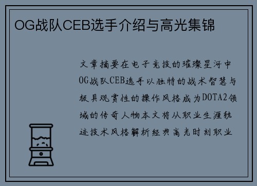 OG战队CEB选手介绍与高光集锦