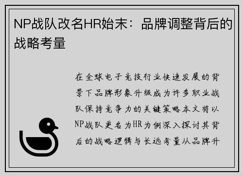 NP战队改名HR始末：品牌调整背后的战略考量